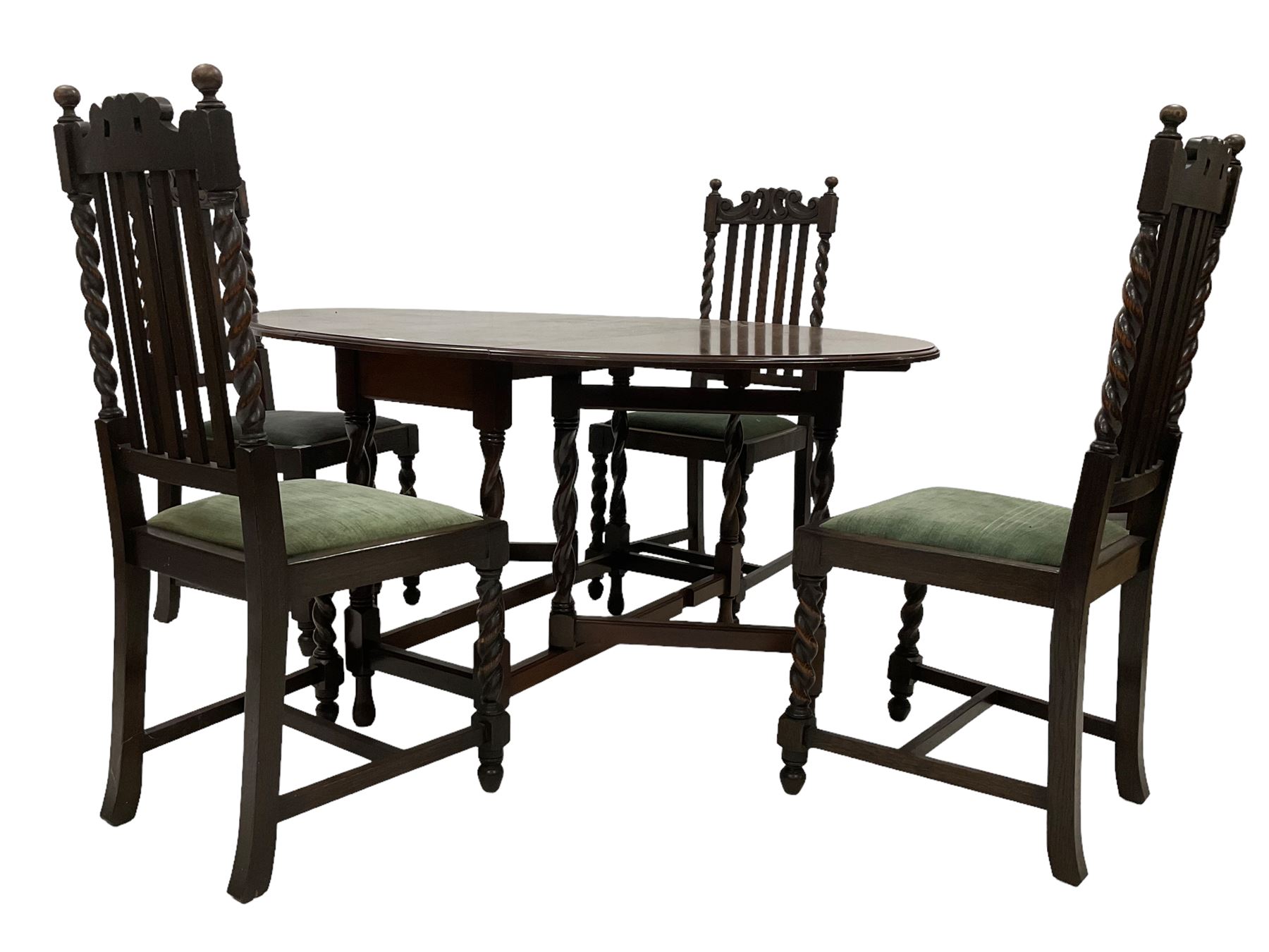 Early 20th century oak drop leaf gate leg dining table with spiral turned supports (143cm x 106cm H7 - Image 3 of 6