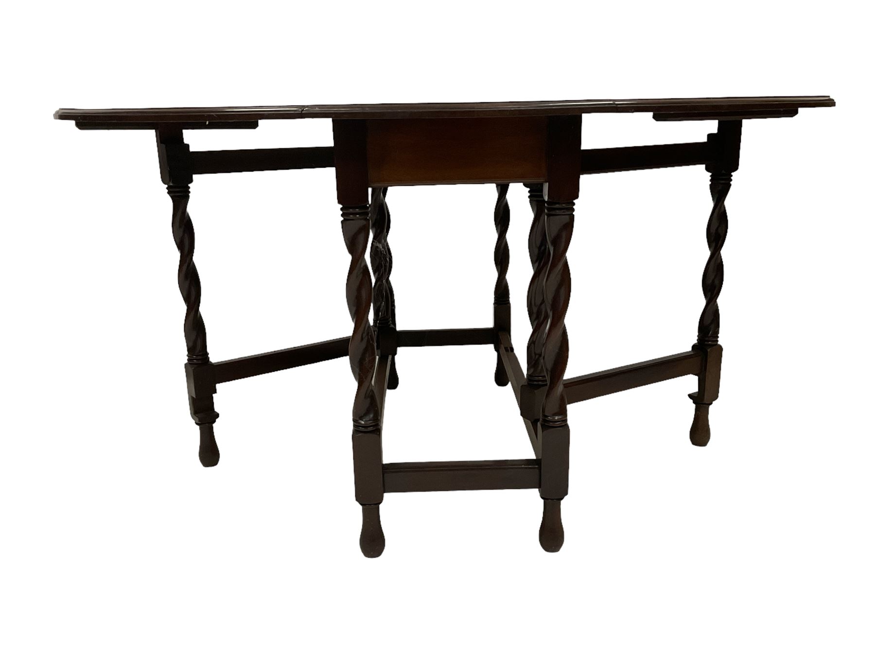 Early 20th century oak drop leaf gate leg dining table with spiral turned supports (143cm x 106cm H7 - Image 4 of 6