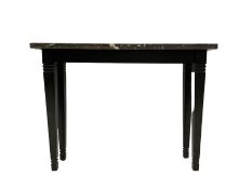 Console side table with rectangular two-tone lacquered marble top on ebonsided tapered supports