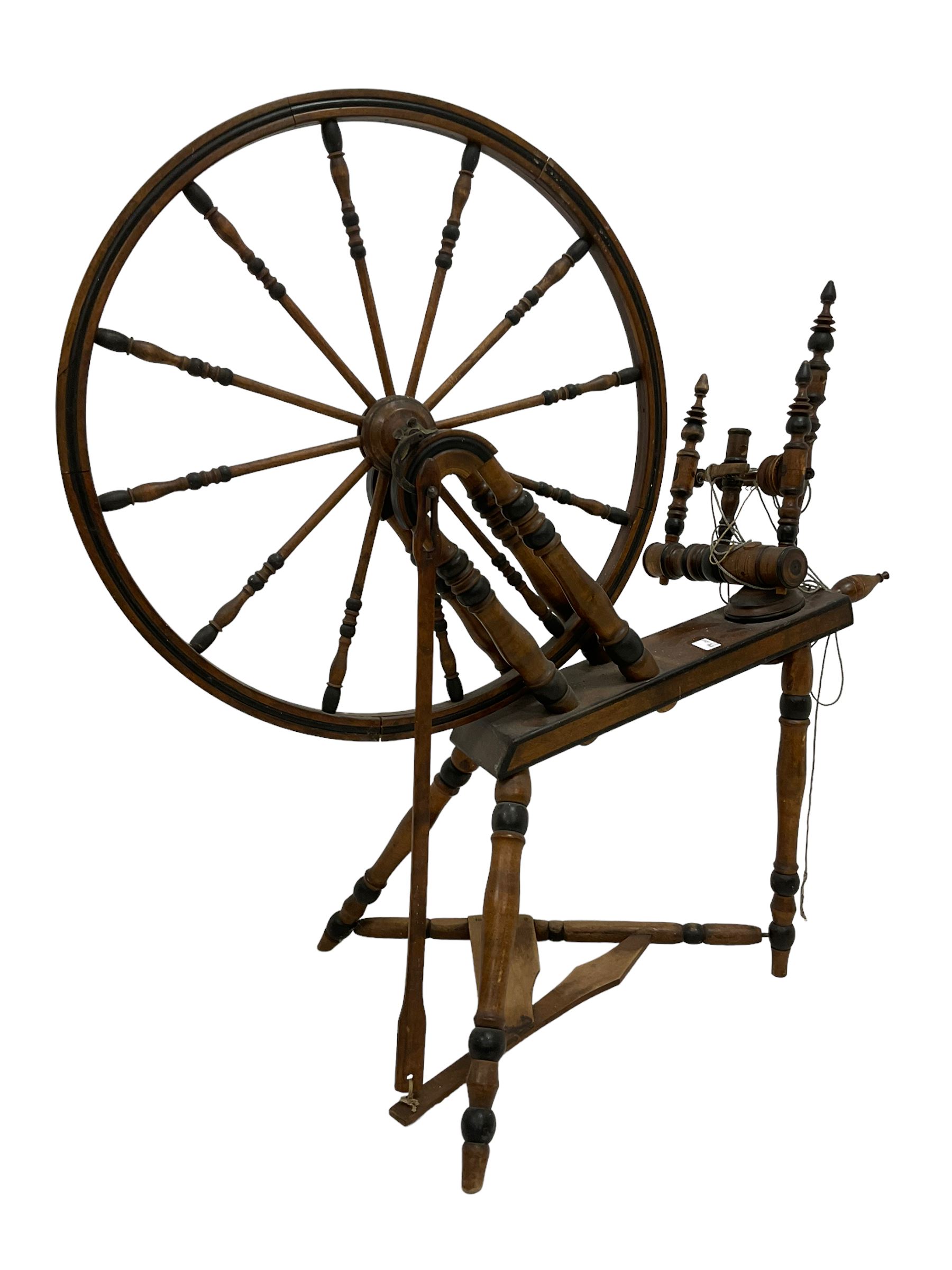 19th century beech spinning wheel with turned finials