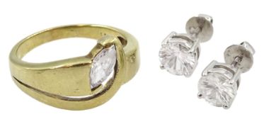 Pair of white gold white sapphire stud earrings and a 9ct gold marquise cut cubic zirconia ring