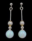 Pair of silver opal and pearl pendant stud earrings