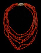 19th century graduating six strand coral bead necklace with George III gold hair clasp engraved 'F B