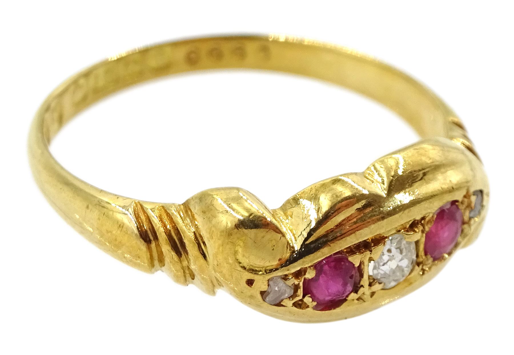 Early 20th century 18ct gold five stone diamond and pink stone set ring - Image 3 of 4