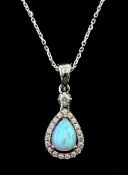Silver pear shaped opal and cubic zirconia cluster pendant necklace