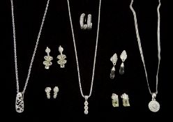 Silver stone set jewellery including three necklaces and five pairs of earrings