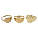 Gold shield signet ring and two gold other signet rings