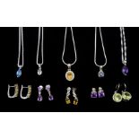 Silver stone set jewellery including five pairs of earrings and five pendant necklaces