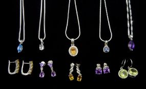 Silver stone set jewellery including five pairs of earrings and five pendant necklaces