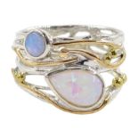 Silver and 14ct gold wire two stone pear shaped and round opal openwork ring