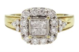 9ct gold princess and round brilliant cut diamond square cluster ring