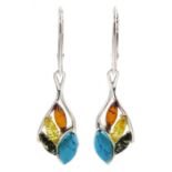 Pair of silver marquise shaped tri-colour Baltic amber and turquoise pendant earrings