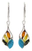 Pair of silver marquise shaped tri-colour Baltic amber and turquoise pendant earrings