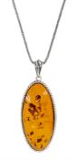 Silver Baltic amber oval pendant necklace
