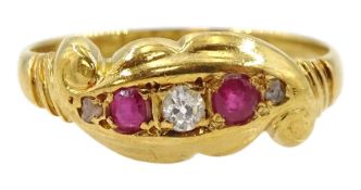 Early 20th century 18ct gold five stone diamond and pink stone set ring