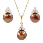 18ct gold chocolate pearl and diamond pendant necklace and pair of 18ct gold matching stud earrings
