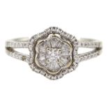 18ct white gold baguette and round brilliant cut diamond flower head cluster ring