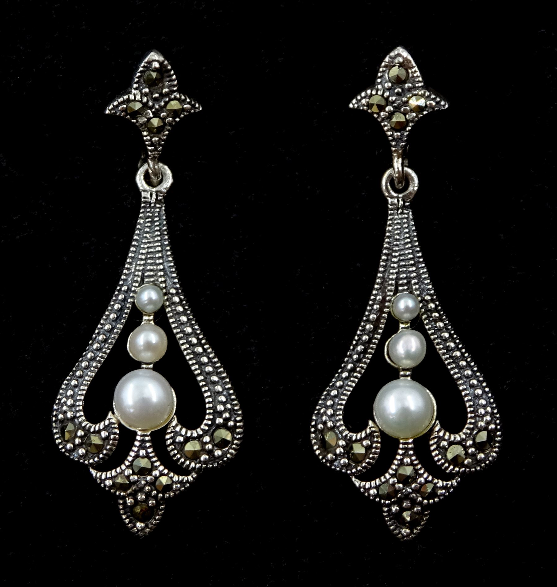 Pair of silver three stone pearl and marcasite openwork pendant stud earrings