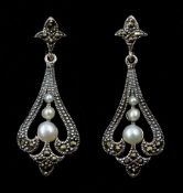 Pair of silver three stone pearl and marcasite openwork pendant stud earrings
