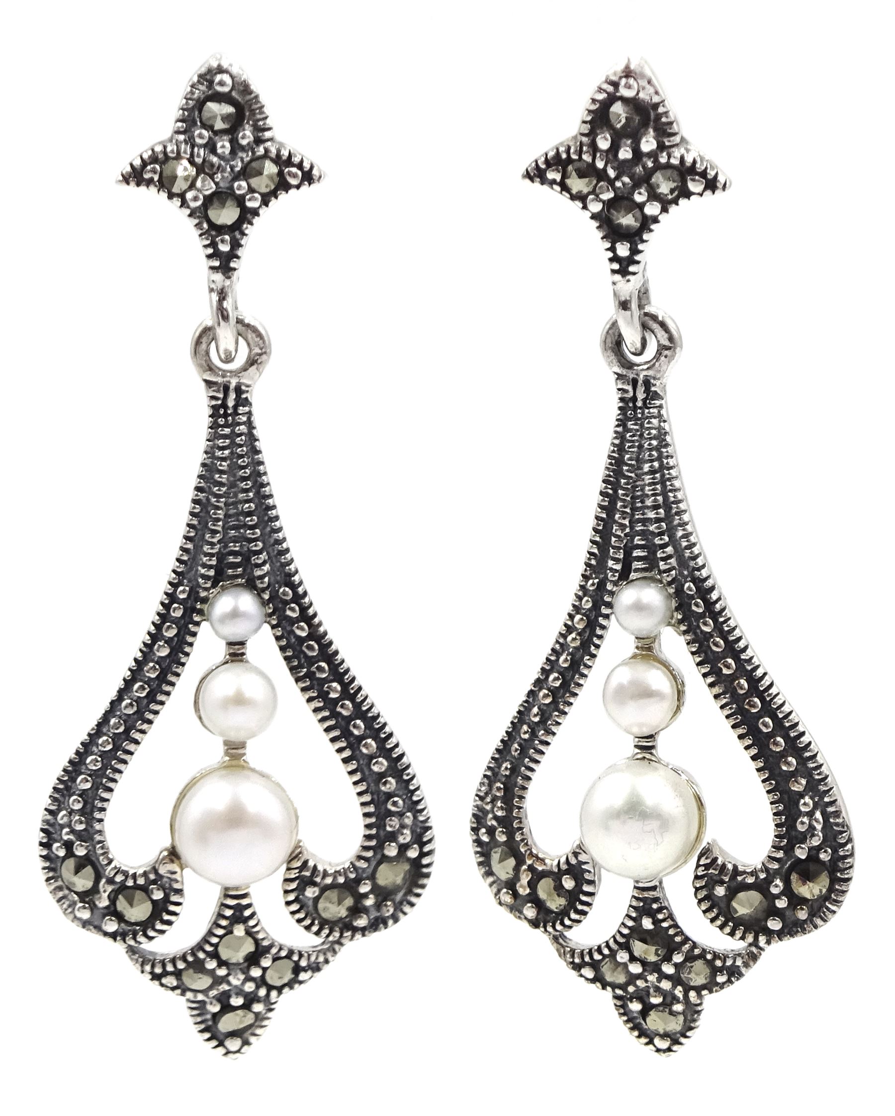 Pair of silver three stone pearl and marcasite openwork pendant stud earrings - Image 3 of 3