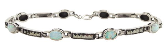 Silver opal and marcasite oval link bracelet