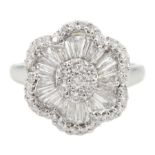 18ct white gold tapered baguette and round brilliant cut diamond flower head cluster ring