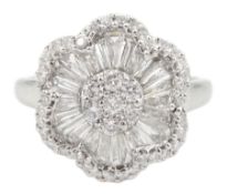 18ct white gold tapered baguette and round brilliant cut diamond flower head cluster ring