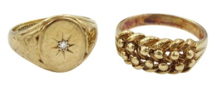 Gold single stone diamond signet ring and a gold keepers ring
