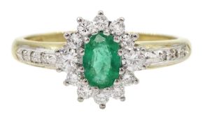 9ct gold oval emerald and round brilliant cut diamond cluster ring