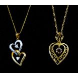 White and yellow gold two stone diamond interlocked heart pendant necklace and a gold garnet openwor