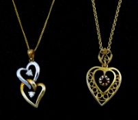 White and yellow gold two stone diamond interlocked heart pendant necklace and a gold garnet openwor