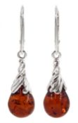 Pair of silver pear shaped Baltic amber pendant earrings