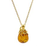 Silver-gilt pear shaped Baltic amber octopus pendant necklace