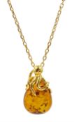 Silver-gilt pear shaped Baltic amber octopus pendant necklace