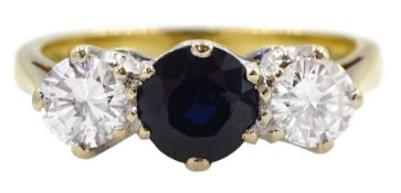 18ct gold three stone sapphire and round brilliant cut diamond ring by Mappin & Webb Ltd