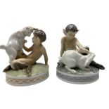 Two Royal Copenhagen figures 'Faun with Goat' no. 498 and 'Faun with Rabbit' no. 439