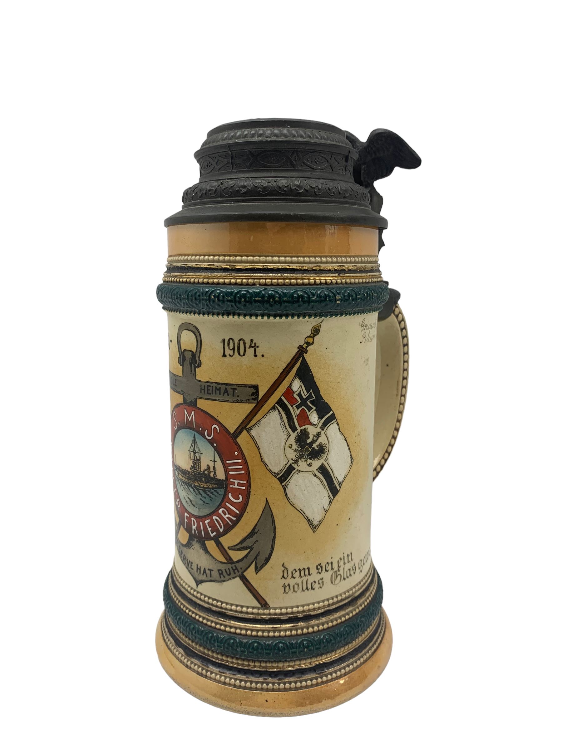 German Naval stein commemorating the battleship S.M.S. Kaiser Friedrich III with a list of the crew