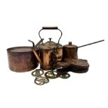 Copper items to include pan with lid stamped with crown mark