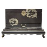 Japanese black lacquer sewing box inset with silver coloured dragons