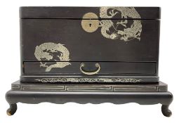 Japanese black lacquer sewing box inset with silver coloured dragons