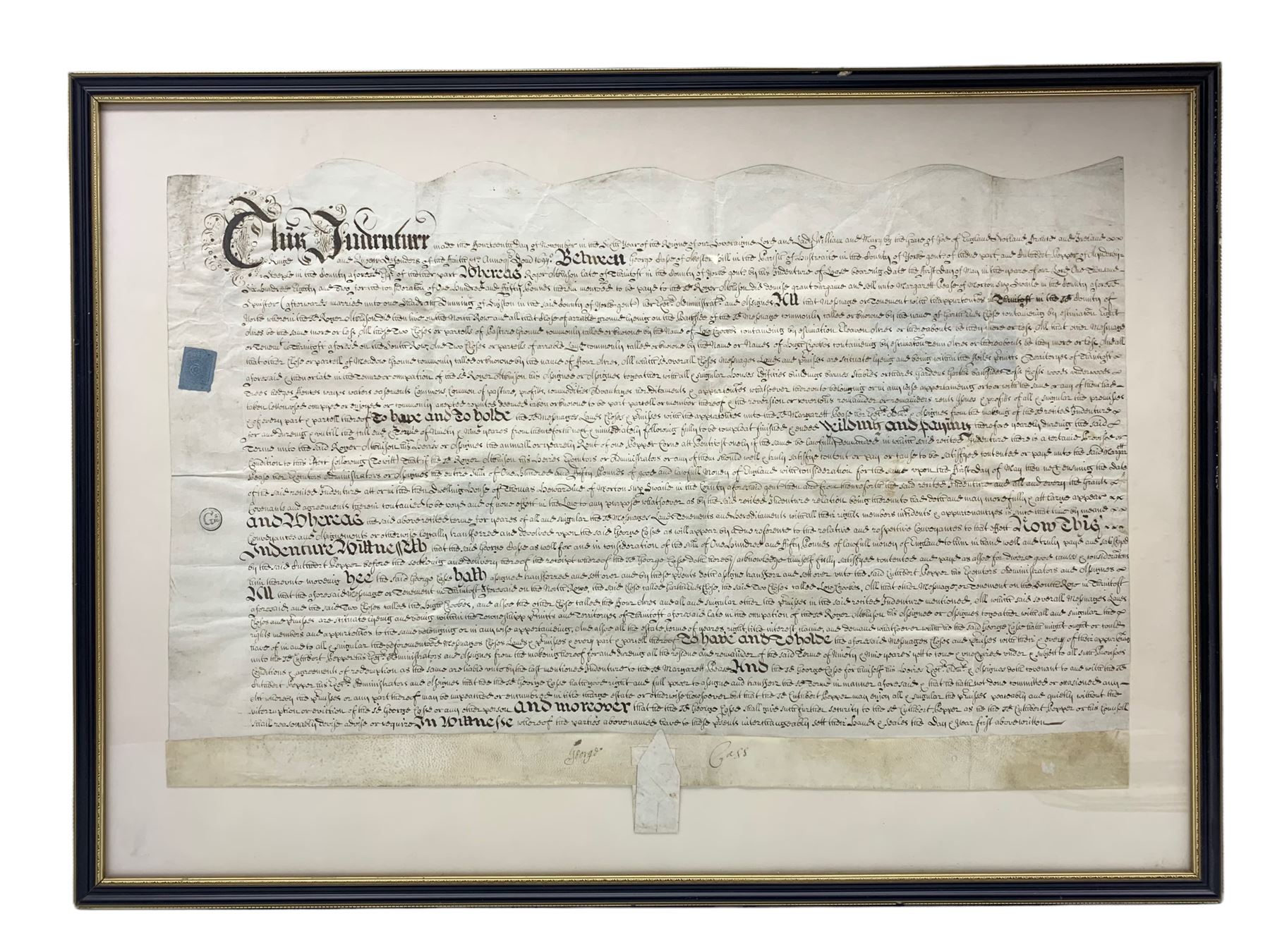 Framed Indenture referring to land in the county of York and dated 1694 47cm x 71cm