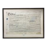 Framed Indenture referring to land in the county of York and dated 1694 47cm x 71cm