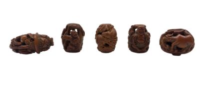 Five Japanese Meiji Ojime carved wooden beads