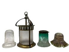 Art Nouveau copper hall lantern with cylindrical frosted glass shade