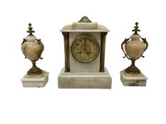 French - late 19th century Onyx cased mantle clock and conforming garnitures with an 8-day striking