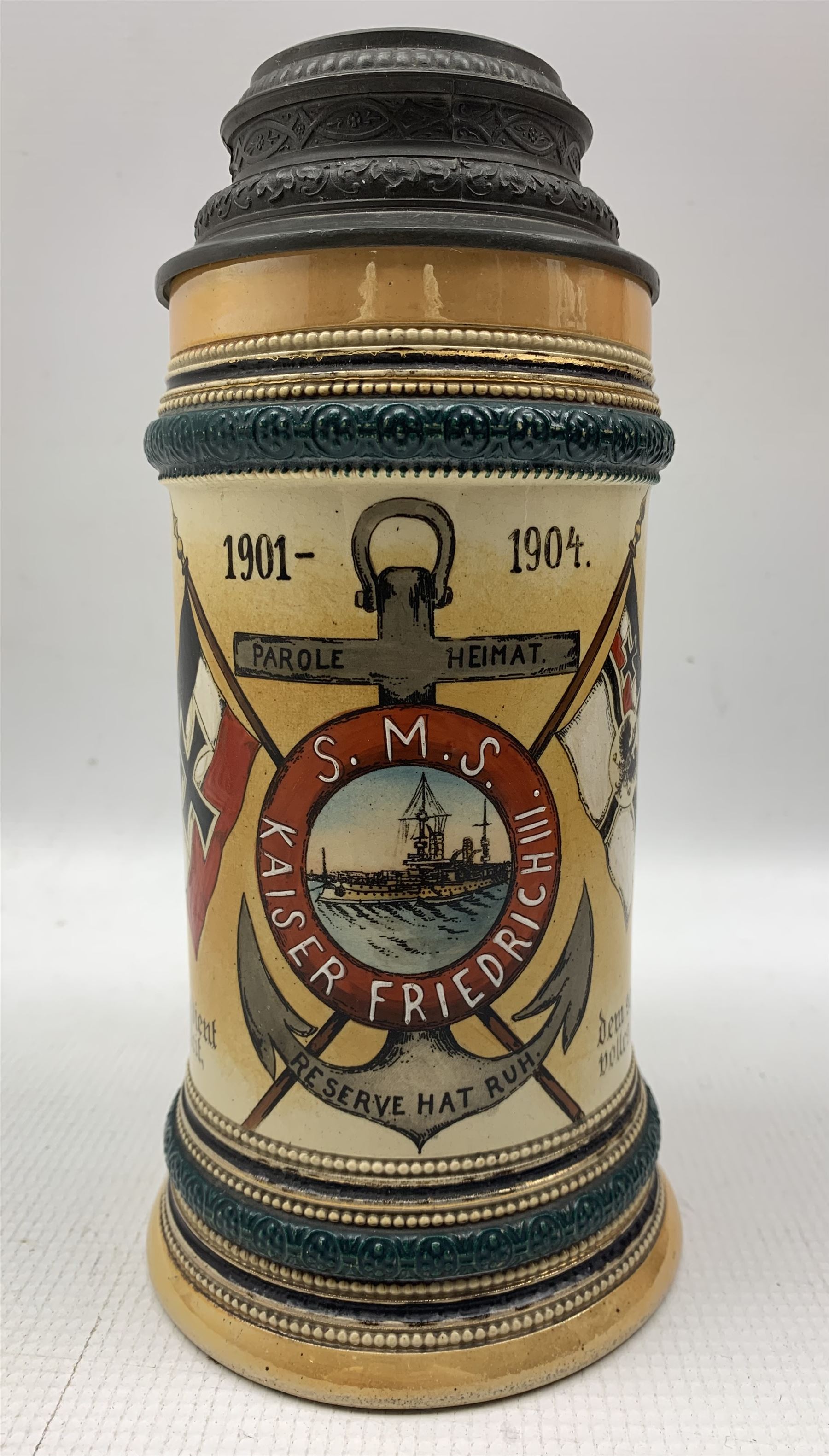 German Naval stein commemorating the battleship S.M.S. Kaiser Friedrich III with a list of the crew - Image 5 of 5