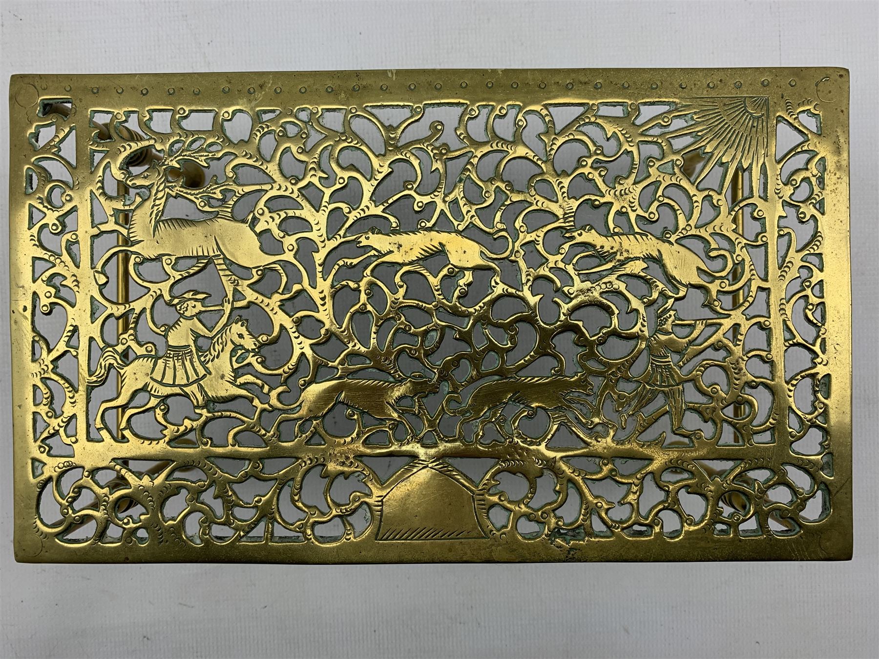 Rectangular pierced brass trivet / foot warmer depicting hunting scenes on raised legs together with - Image 3 of 3