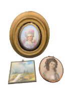 Early 20th century oval porcelain miniature with a half length portrait of Madame Necker within a gi