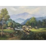 Jim (Continental 20th century): Indonesian Landscape with Figures and Elephants