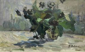 English School (20th century): Impressionist Still Life of Plants in Pot